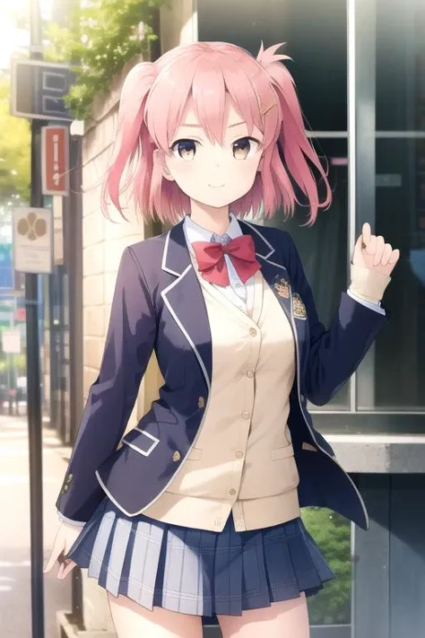 ((masterpiece)),(best quality),official art,extremely detailed CG,unity 8k wallpaper,ultra detailed,beautiful detailed eyes,extremely detailed face,1girl,solo,cowboy shot,looking at viewer,facing viewer,Shindou Ayane,smile,short hair,pink hair,one side up,hair ornament,hairclip,sidelocks,bangs,brown eyes,school uniform,blazer,blue jacket,wing collar,long sleeves,bowtie,red bow,cardigan,collared shirt,white shirt,blue skirt,plaid skirt,pleated skirt,socks,loafers,<lora:Shindou Ayane(ksak)-remake>,