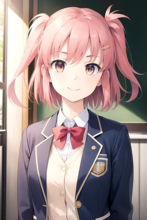 ((masterpiece)),(best quality),official art,extremely detailed CG,unity 8k wallpaper,ultra detailed,beautiful detailed eyes,extremely detailed face,1girl,solo,upper body,(portrait:1.5),looking at viewer,facing viewer,Shindou Ayane,smile,short hair,pink hair,one side up,hair ornament,hairclip,sidelocks,bangs,brown eyes,school uniform,blazer,blue jacket,wing collar,open jacket,long sleeves,bowtie,red bow,cardigan,collared shirt,white shirt,blue skirt,plaid skirt,pleated skirt,socks,loafers,<lora:Shindou Ayane(ksak)-remake>,
