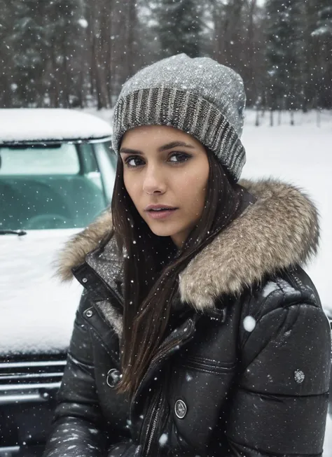 1 femme, Long Wavy Hair,New York, sitting in a Porsche with snow around, snow background, big buildings, empty street, Porsche, Porsche 911, Porsche 911 1990, night, lights, realistic, 8K, real, hair in style of light brown and light amber, dark brown eyes, 80 DD cup tits, big jacket, shirt, big shirt, cold, winter, snow, [[snow]], a lot of snow, winter wonderland, view from top, full body, sexy pose, smart look, long legs, night, rollneck, classy, crowd, water, strong shirt