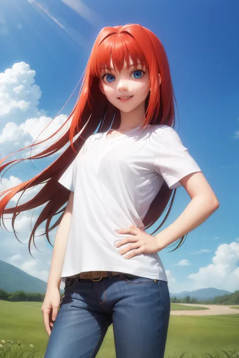 (masterpiece, best quality:1.2), <lyco:witchontheholynight_aozaki-12:1.0>, cowboy shot, solo, 1girl, aozakired, smile, looking at viewer, hand on hip, red hair, t-shirt, jeans, belt