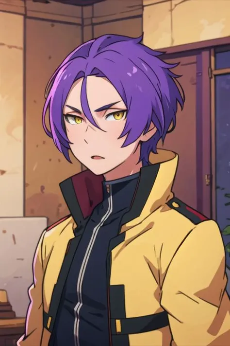 masterpiece, best quality, , 1boy, solo, male focus, looking at viewer, upper body, , <lora:julius_euclius:0.72>, julius_euclius, purple hair, yellow eyes, jacket