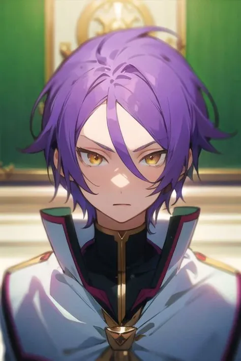 masterpiece, best quality, illustration, 1boy, solo, male focus, looking at viewer, upper body, depth of field, <lora:julius_euclius:0.70>, julius_euclius, purple hair, yellow eyes, school uniform
