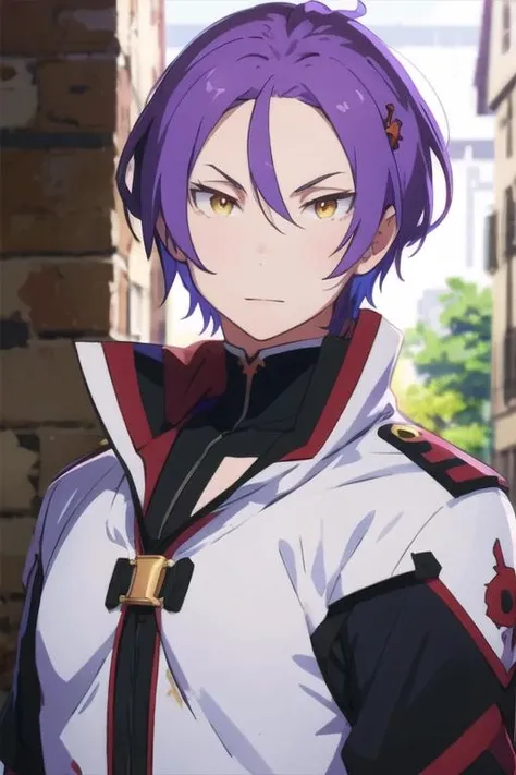 masterpiece, best quality, illustration, 1boy, solo, male focus, looking at viewer, upper body, , <lora:julius_euclius:0.72>, julius_euclius, purple hair, yellow eyes,