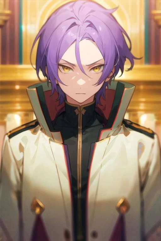 masterpiece, best quality, , 1boy, solo, male focus, looking at viewer, , , <lora:julius_euclius:0.70>, julius_euclius, purple hair, yellow eyes, coat