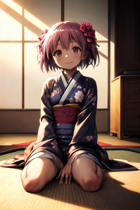 (masterpiece), best quality, (((ultra detailed, 8k quality))), expressive eyes, perfect face, perfect anatomy, perfect body, scene, <lora:scene_:0.7>, <lora:more_details:0.7>, <lora:beautiful_detailed_eyes:0.5>, solo, 1girl, looking at viewer, sketch, flat colors, 2D, anime, anime coloring, <lora:madoka-madomagi-01:0.6>, madoka kaname, short hair, indoors, kimono, hair flower, floral print, wariza, sitting, hands on own knees, smile,