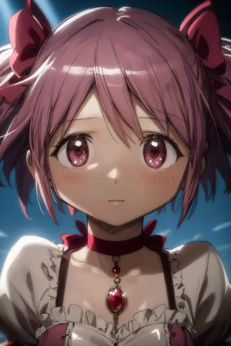(masterpiece), best quality, (((ultra detailed, 8k quality))), expressive eyes, perfect face, perfect anatomy, perfect body, scene, <lora:scene_:0.7>,  <lora:more_details:0.7>, <lora:beautiful_detailed_eyes:0.5>, solo, 1girl, looking at viewer, sketch, flat colors, 2D, anime, anime coloring, <lora:madoka-madomagi-01:0.8>, madoka kaname, short hair, magical girl, choker,