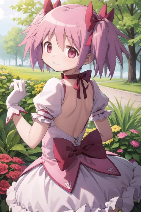 1girl, solo, masterpiece, best quality,
        <lora:madoka-madomagi-01:0.8>,
          gloves, mahou shoujo madoka magica, kaname madoka, madoka kaname, pink eyes, tareme, pink hair, short hair, twintails, short twintails, hair ribbon, red ribbon, magical girl, choker, ribbon choker, soul gem, collarbone, short sleeves, puffy sleeves, puffy short sleeves, center frills, white gloves, backless outfit, shoulder blades, medium breasts, bubble skirt, bow skirt,
          cowboy shot, twisted torso, looking back,
          blush, seductive smile,
          outdoors, garden