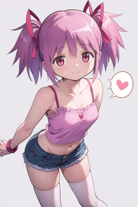1girl, solo, masterpiece, best quality,
        <lora:madoka-madomagi-01:0.8>,
        mahou shoujo madoka magica, kaname madoka, madoka kaname, pink eyes, tareme, pink hair, short hair, twintails, short twintails, hair ribbon, red ribbon, camisole, (green camisole:1.2), crop top, skindentation, collarbone, bare arms, medium breasts, midriff, navel, shorts, denim shorts, thighhighs, breasts,
        cowboy shot, leaning forward, v arms, from above, looking up, looking at viewer,
        blush, smile,
        simple background, white background, heart background, heart, spoken heart