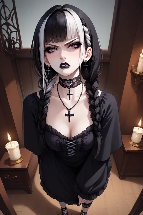 score_9, score_8_up, score_7_up, score9, score8, score7, score6,
BREAK,
gothic girl, 1 girl, solo, highly detailed, OverallDetail, goth girl, hair in two braided ponytails, beautiful face, pale skin, black lipstick, goth, multicolored hair, black hair, white bangs, choker, cross necklace,
BREAK,
(dynamic pose :1.5), (from above:1.3), looking back, spread legs, standing, angry face, bent over, bent back, flustered, short laced dress, pussy, arroused, dark pussy, excessive pubic hair, pussy juice, tilted head, small tits,
BREAK,
(gothic room:1.5), grey walls, candles, <lora:gg3:1> <lora:Mx2j-Style-PonyXL-Dora:1>