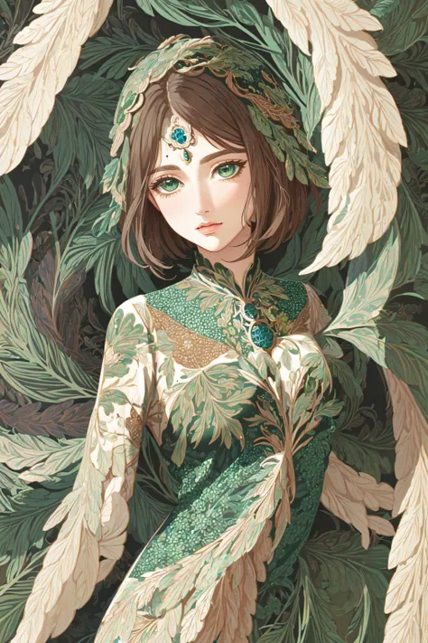 ((best quality)), ((masterpiece)), (detailed),4k, abstract,peacock, feathers, <lora:wmv1:0.9>,woman, detailed face, <lora:lora_perfecteyes_v1_from_v1_160:0.8>, brown hair, green eyes, perfecteyes eyes,, intricate patterns, highly detailed,