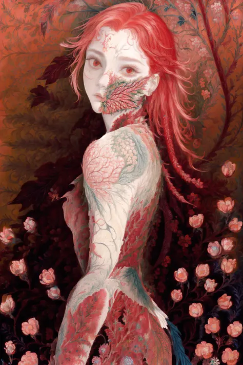 ((best quality)), ((masterpiece)), (detailed),4k, , <lora:jubbslineart_v2:0.9>, <lora:Iridescence:0.9>, <lora:wmv1:0.8>, jubbslineart_v2,woman,red, iridescent hair,long hair, flowers, butterfly, (infected face), colorful background, intricate paterns,intricate details, <lora:more_details:0.8>,