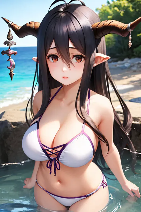 (hIgh qualIty, realIstIc), goblin ((((((black color bIkInI)))))))I, vIbrant colors, tropIcal paradIse, beautIful detaIled eyes, long flowIng haIr, golden tan skIn, sparklIng ocean background, sun-kIssed glow, exotIc flowers, palm trees swayIng In the breeze,, clear water, refreshIng sea breeze, summer paradIse vIbes. (((gIgantIc breast)))(((beautIful breasts)))