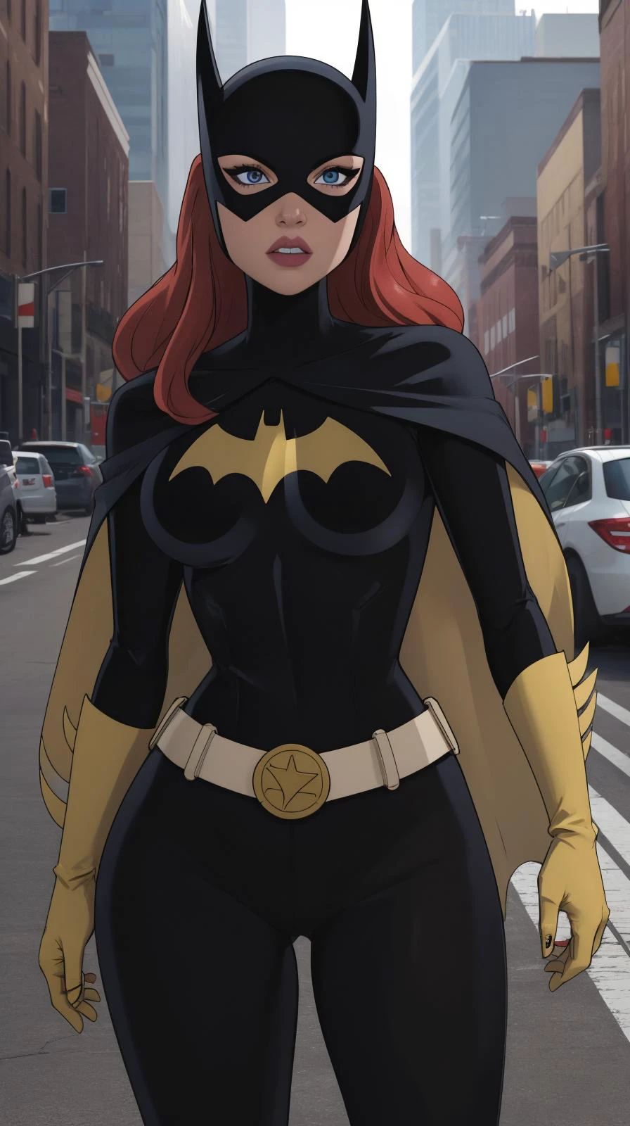 masterpiece, best quality, 1girl, solo, highres, <lora:CARTOON_DC_batgirl_ownwaifu:0.55>, scenery,
CARTOON_batgirl_ownwaifu,www.ownwaifu.com,mask,long hair,blue eyes,bodysuit,breasts,cape,domino mask,belt,medium breasts,superhero,gloves,lips,black bodysuit,helmet,belt buckle,horns,bat_print,pouch,
curvy, toned, large breasts, narrow waist,