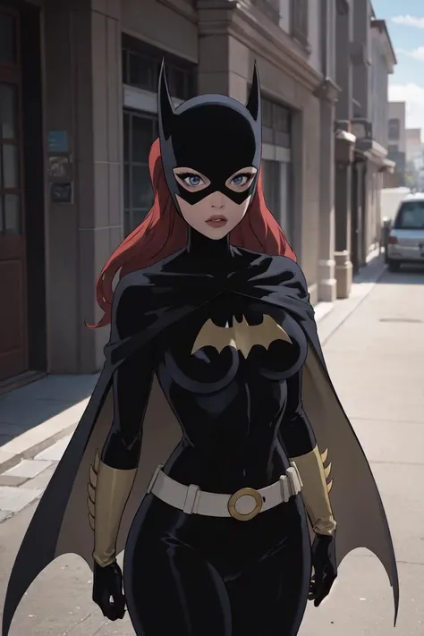 masterpiece, best quality, 1girl, solo, highres, <lora:CARTOON_DC_batgirl_ownwaifu:0.5>, scenery,
CARTOON_batgirl_ownwaifu,www.ownwaifu.com,mask,long hair,blue eyes,bodysuit,breasts,cape,domino mask,belt,medium breasts,superhero,gloves,lips,black bodysuit,helmet,belt buckle,horns,bat_print,pouch,
curvy, toned, large breasts, narrow waist,