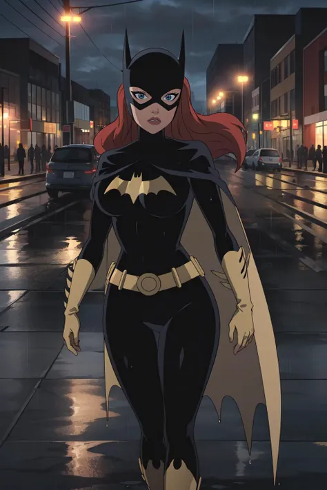 (masterpiece, best quality), intricate details,
1girl, <lora:CARTOON_DC_batgirl_ownwaifu-10:0.8> CARTOON_batgirl_ownwaifu,www.ownwaifu.com,mask,long hair,blue eyes,bodysuit,breasts,cape,domino mask,belt,medium breasts,superhero,gloves,lips,black bodysuit,helmet,belt buckle,horns,bat_print,pouch, curvy, toned, large breasts, narrow waist,
City, rain, wet pavement, puddles, reflections,