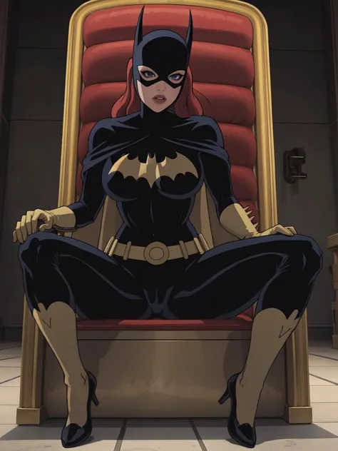 (highres, high quality:1.2), intricate details,
1girl, solo, milf, full body, (sitting:1.2), (throne:1.2), (spread_legs:1.3) , throne room,    CARTOON_batgirl_ownwaifu,www.ownwaifu.com,mask,long hair,blue eyes,bodysuit,breasts,cape,domino mask,belt,medium breasts,superhero,gloves,lips,black bodysuit,helmet,belt buckle,horns,bat_print,pouch,
curvy, toned, large breasts, narrow waist,