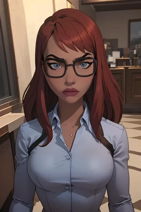 (masterpiece, best quality), 1girl, beautiful face, <lora:CARTOON_DC_batgirl_ownwaifu:1> CARTOON_barbara_ownwaifu,long hair,shirt,glasses,red hair,collared shirt,blue eyes,black-framed eyewear,bangs,breasts,under-rim eyewear,semi-rimless eyewear, curvy, toned, large breasts, narrow waist,
