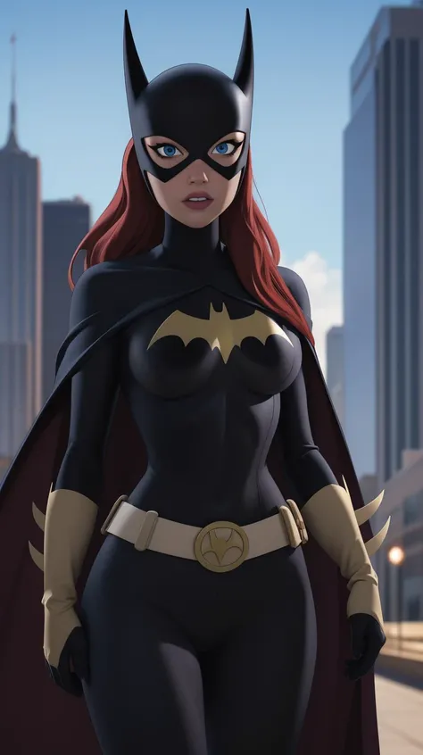 masterpiece, best quality, 1girl, solo, highres, <lora:CARTOON_DC_batgirl_ownwaifu:0.55>, scenery,
CARTOON_batgirl_ownwaifu,www.ownwaifu.com,mask,long hair,blue eyes,bodysuit,breasts,cape,domino mask,belt,medium breasts,superhero,gloves,lips,black bodysuit,helmet,belt buckle,horns,bat_print,pouch,
curvy, toned, large breasts,