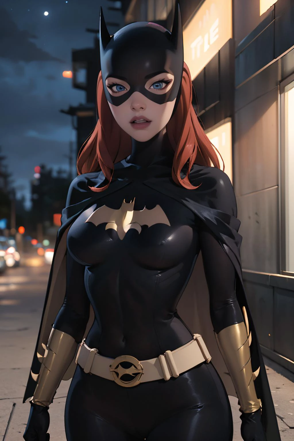 masterpiece, best quality, 1girl, <lora:CARTOON_DC_batgirl_ownwaifu:0.6> CARTOON_batgirl_ownwaifu,www.ownwaifu.com,mask,long hair,blue eyes,bodysuit,breasts,cape,domino mask,belt,medium breasts,superhero,gloves,lips,black bodysuit,helmet,belt buckle,horns,bat_print,pouch, curvy, toned, large breasts, narrow waist, night sky, rooftop, on roof,
