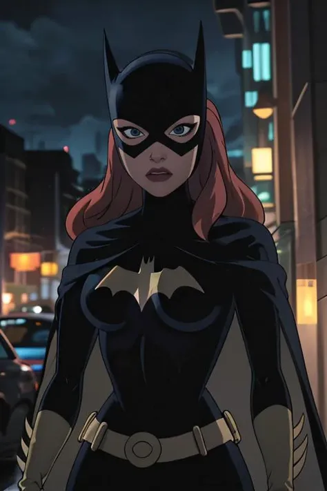 (masterpiece, best quality), intricate details, 1girl, CARTOON_batgirl_ownwaifu,www.ownwaifu.com,no mask,long hair,blue eyes,bodysuit,breasts,cape,domino mask,belt,medium breasts,superhero,gloves,lips,black bodysuit,no helmet,belt buckle,horns,bat_print,pouch, curvy, toned, large breasts, narrow waist, City, rain, wet pavement, puddles, reflections, sexy fit body , scared very very much
