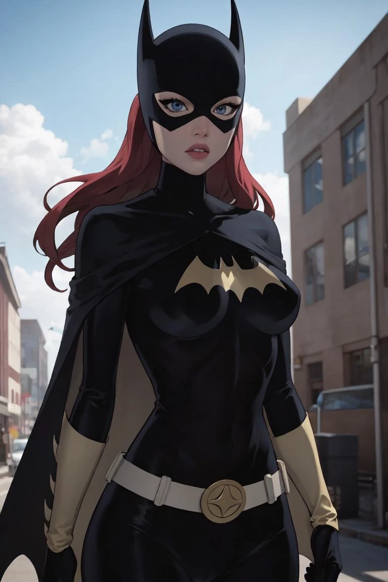 masterpiece, best quality, 1girl, solo, highres, <lora:CARTOON_DC_batgirl_ownwaifu:0.5>, scenery,
CARTOON_batgirl_ownwaifu,www.ownwaifu.com,mask,long hair,blue eyes,bodysuit,breasts,cape,domino mask,belt,medium breasts,superhero,gloves,lips,black bodysuit,helmet,belt buckle,horns,bat_print,pouch,