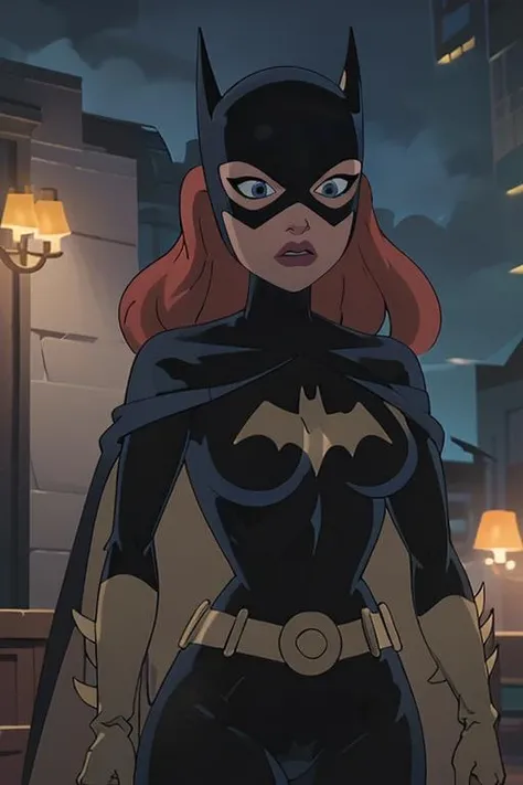 (masterpiece, best quality), 1girl, beautiful face, <lora:CARTOON_DC_batgirl_ownwaifu:1> CARTOON_batgirl_ownwaifu,mask,long hair,blue eyes,bodysuit,breasts,cape,domino mask,belt,medium breasts,superhero,gloves,lips,black bodysuit,helmet,belt buckle,horns,bat_print,pouch, curvy, toned, large breasts, narrow waist,