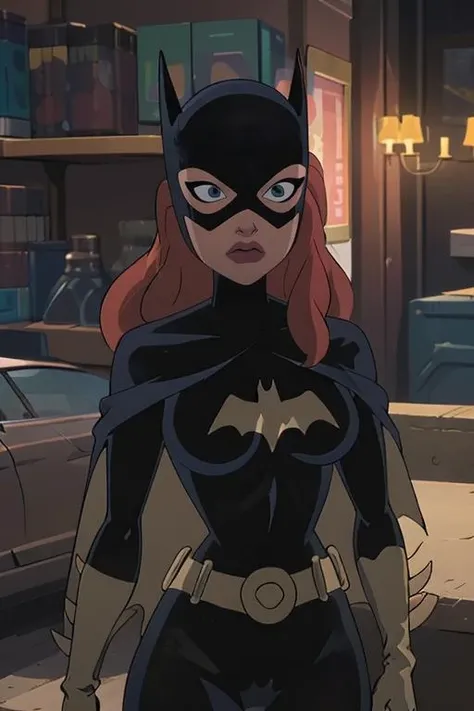 (masterpiece, best quality), 1girl, beautiful face, <lora:CARTOON_DC_batgirl_ownwaifu:1> CARTOON_batgirl_ownwaifu,mask,long hair,blue eyes,bodysuit,breasts,cape,domino mask,belt,medium breasts,superhero,gloves,lips,black bodysuit,helmet,belt buckle,horns,bat_print,pouch, curvy, toned, large breasts, narrow waist,