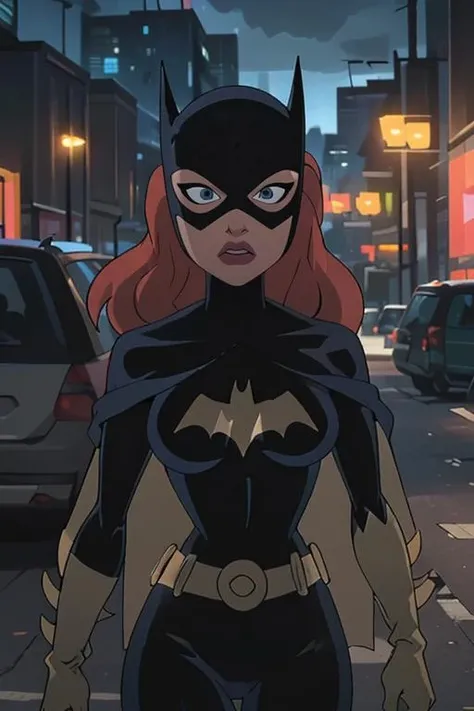 (masterpiece, best quality), 1girl,  beautiful face,   <lora:CARTOON_DC_batgirl_ownwaifu:1> CARTOON_batgirl_ownwaifu,mask,long hair,blue eyes,bodysuit,breasts,cape,domino mask,belt,medium breasts,superhero,gloves,lips,black bodysuit,helmet,belt buckle,horns,bat_print,pouch, curvy, toned, large breasts, narrow waist,