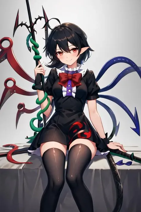 best quality, masterpiece, highres, solo, {houjuu_nue_touhou:1.15}, black_hair, wings, asymmetrical_wings, red_eyes, short_hair, bow, smile, 1girl, dress, thighhighs, black_thighhighs, zettai_ryouiki