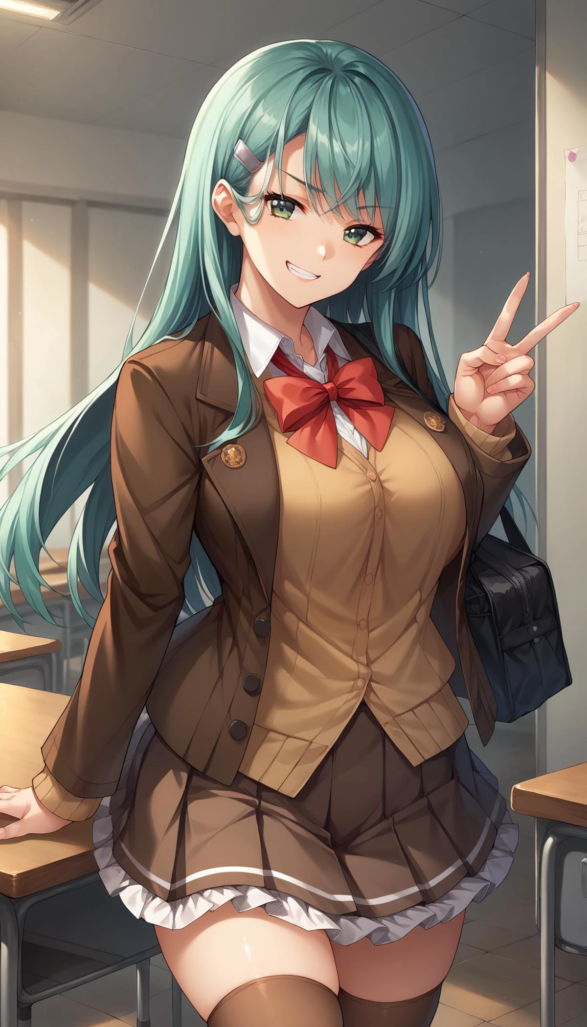 score_9, score_8_up, score_7_up, source_anime, game cg, <lora:suzuya:1>suzuyaKC, long hair,aqua hair,green eyes,skirt, large breasts, long sleeves, school uniform, standing, white shirt, pleated skirt, open clothes, hairclip, bowtie, red bow, blazer,cardigan, frilled skirt, red bowtie, brown skirt, brown jacket, brown thighhighs, v,seductive grin smug <lora:light_sharp_style_magin3.1:1>