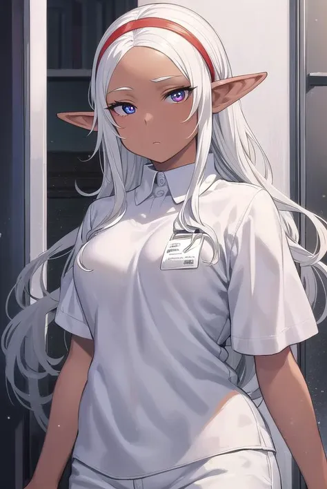 kuroeda, <lora:kuroeda manga-lora-nochekaiser:1>,
kuroeda, long hair, hairband, dark skin, dark-skinned female, white hair, (red eyes:1.3), (forehead:1.2), elf, pointy ears,
BREAK short sleeves, hairband, pants, uniform, name tag, employee uniform,
BREAK indoors, convenience store,
BREAK looking at viewer, (cowboy shot:1.5),
BREAK <lyco:GoodHands-beta2:1>, (masterpiece:1.2), best quality, high resolution, unity 8k wallpaper, (illustration:0.8), (beautiful detailed eyes:1.6), extremely detailed face, perfect lighting, extremely detailed CG, (perfect hands, perfect anatomy),