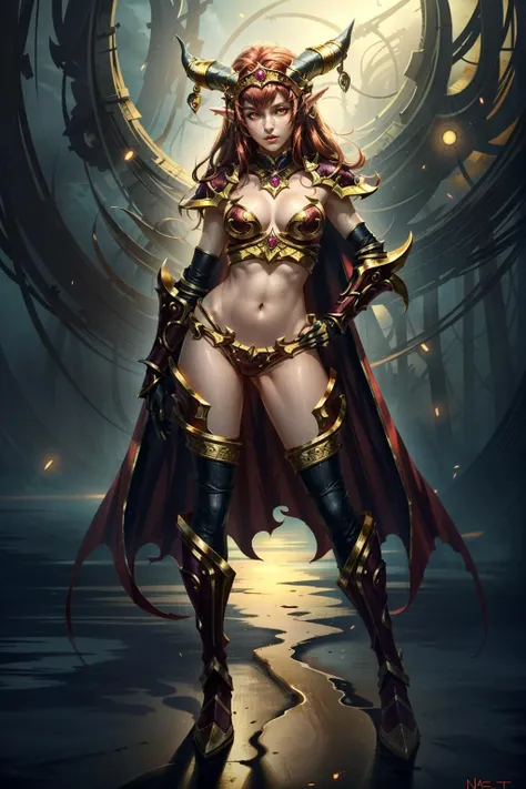 (masterpiece, best quality:1.3)
<lora:epi_noiseoffset2:1> <lora:add_detail:0.7>  <lora:WowAlexstrasza:0.8>
WowAlexstrasza, 1girl, solo, long hair, breasts, red eyes, thighhighs, navel, standing, boots, horns, midriff, cape, armor, bikini armor