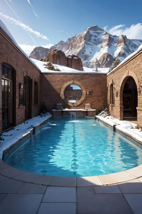 cold stone desert oasis, pool, road, barber shop, industrial revolution, snow, rock, planet