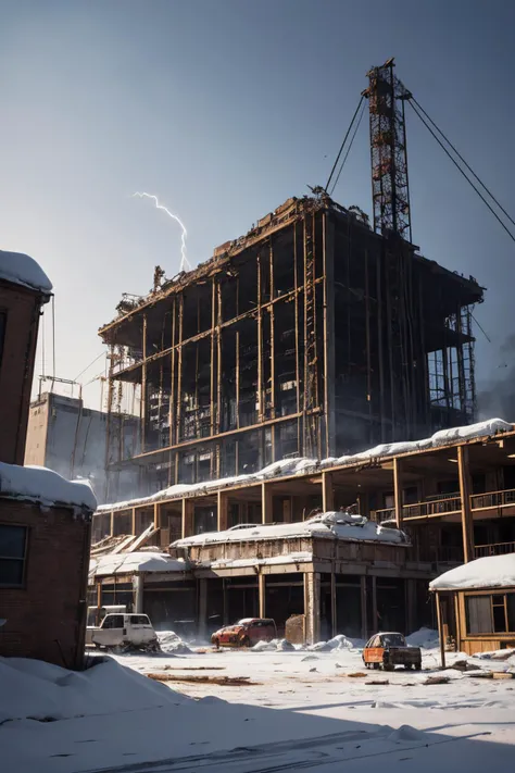 christmas convention, construction site, ruins, cafeteria, retro future, snow, lightning, asteroid