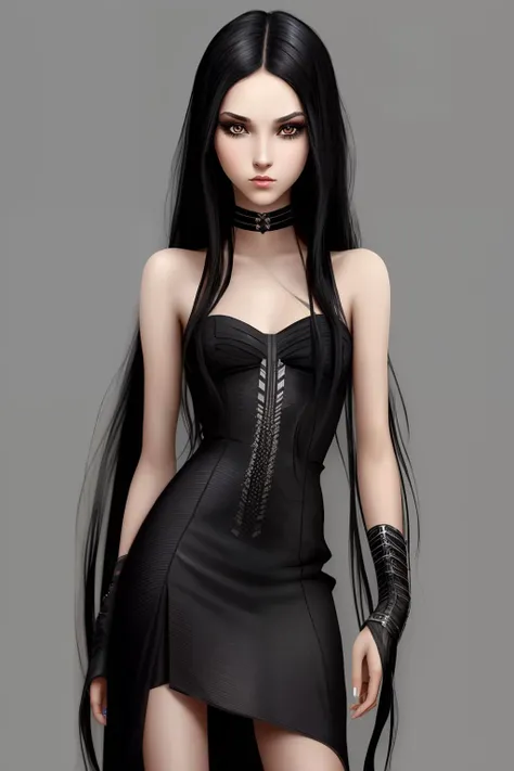 1girl, solo, black hair, long hair, letterboxed, makeup, barcode, sexy dress, <lora:reMayer_anotherVersion:0.65>,  round pupil