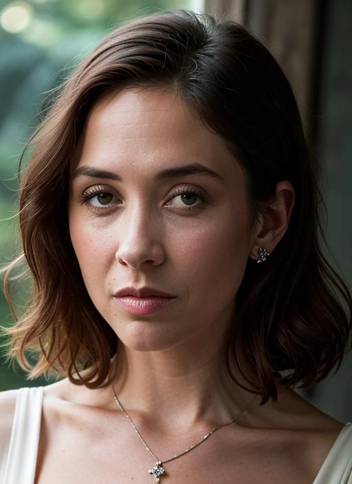 A stunning intricate color close up portrait of (sks woman:1) , wearing elegant dress, epic character composition, sharp focus, natural lighting, subsurface scattering, f2, 35mm, film grain, , by Gregory Crewdson, <lora:lora-small-myleene-klass-v1:1>