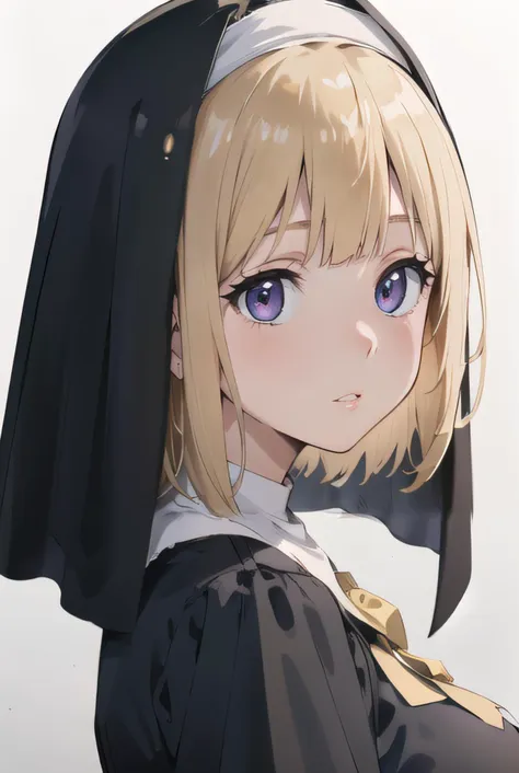 (8k uhd, masterpiece, best quality, high quality, absurdres, ultra-detailed), <lyco:Chitanda_Style-10:0.6>, 1girl, blonde hair, blue hair, bob haircut, close up, habit, nun, taut dress, detailed lips, looking at viewer, huge breasts, portrait, white background, frontal view