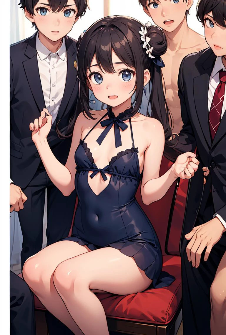 (masterpiece, best quality), 1girl, Dark blue Low Bun with a Bow, flat chest, <lora:group_c_V1:0.8> 1girl,solo focus,6+boys,group picture
