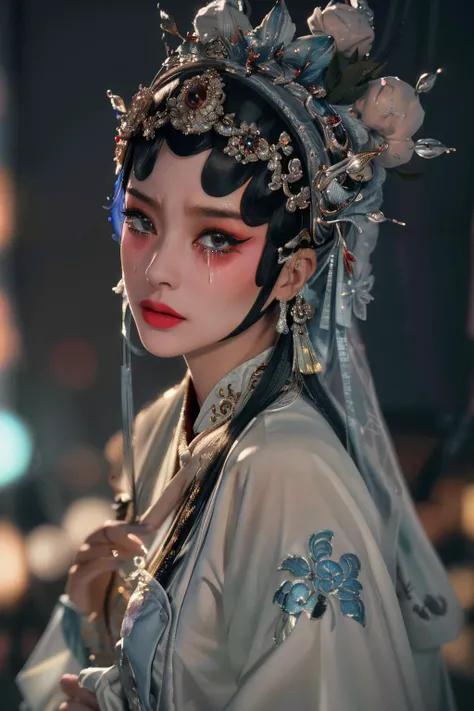 1girl, (looking at viewer:1.2), narrow waist, upper body, charming, fantasy, light on face, face to light, (teardrop:1.3),(tears:1.3), (sad:1), stage lights, stage, eyelashes, eyeliner, from side, white clothes,
jingju, beijing opera, opera, (shiny skin, real skin, )
best quality, 8k uhd, high quality, highres, masterpiece, photo realistic, raw photo, film grain, delicate, sharp, ultra, detailed background, light ,cinema light, best shadow, colorful, detailed background, people in background,
,(extremely delicate and beautiful:1.1),Amazing,finely detail,masterpiece,ultra-detailed,highres,best illustration,best shadow,intricate,(extremely intricate:1.2),(exquisitely detailed skin),cinematic light,perfect anatomy,(coolcolor:1.4),sharp focus,volumetric fog,8k UHD,,high quality,,
<lora:add_detail:0.5> <lora:LowRA:0.5> <lora:jingju_v5:0.5>