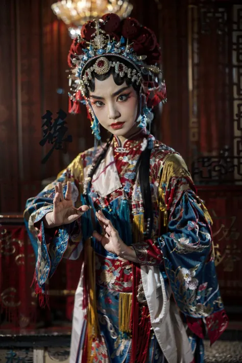 upper body, (angry:1.2), (looking at viewer:1.5),
(masterpiece), long fingers, slim_hand, slim_fingers,
(detailed), (semi-realistic), (traditional Chinese dance costume:1.2), (Ekiholic inspired:1.3), (expressive facial features:1.2), (elegant dance movement:1.1), (opera:1.2), (traditional music instruments:1.1), (flowing sleeves:1.2) <lora:jingju_v5:0.8> <lora:add_detail:0.3> <lora:LowRA:0.5>