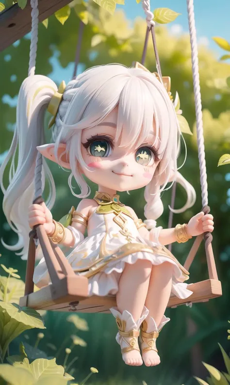 (masterpiece),(best quality),(ultra-detailed), (full body:1.2), 1girl,chibi,nahida_genshin,(cross-shaped pupils:1.2),(left side ponytail:1.2),white hair,default_dress,cute,blush,blush stickers,smile,(swing:1.2), sitting, (from below:1.2),(beautiful detailed face), (beautiful detailed eyes),<lora:blindbox_V1Mix:0.9> ,<lora:yetAnotherNahidaGenshin_nahidav3:0.8>