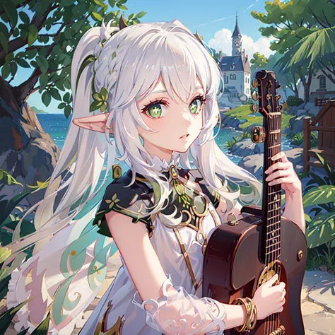 masterpiece, best quality, 1girl, solo, cross-shaped pupils, flushed, white hair, default_dress ,(beautiful detailed face), (beautiful detailed eyes), colorful, official art, looking at viewer, high resolution, upper body, playing guitar, electric guitar, stand, depth of field, nahida <lora:yetAnotherNahidaGenshin_nahidav3:1>