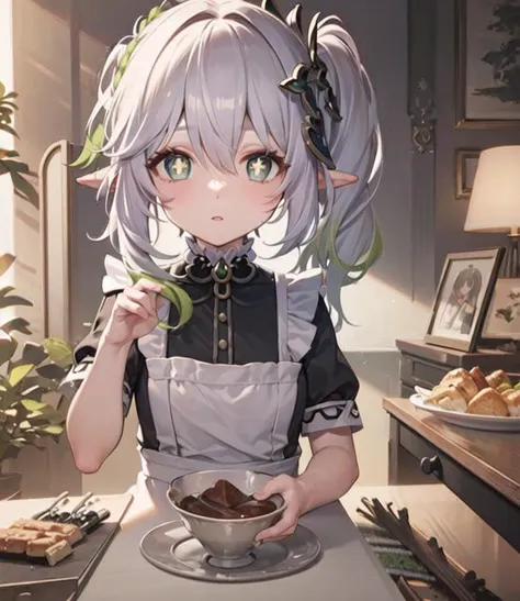 ((best quality)), ((masterpiece)), (detailed), <lora:kokkoro_v1:0.8> 1girl, petite, kokkoro, pink eyes, short white hair, white hair flower, white dress, detached sleeves, looking at viewer, smile, closed mouth, indoors, tavern, (big worms on a plate:1.1), cooked bugs, food, (high-resolution:1.2)