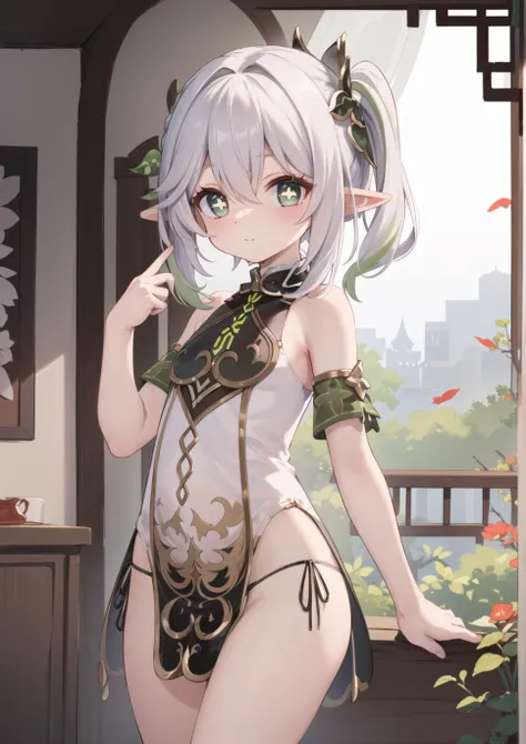 masterpiece, best quality,
1girl, nahida_genshin, <lora:Nahida3:0.9>,
straight-on, cowboy shot,
standing,
(china dress:1.4, chinese dress:1.4, short dress:1.3, collar, sleevelesss:1.1, bare arms:1.1, side slit:1.3, pelvic curtain:1.3, bare hips, side-tie panties:1.2),
short hair, cross-shaped pupils, pointy ears,