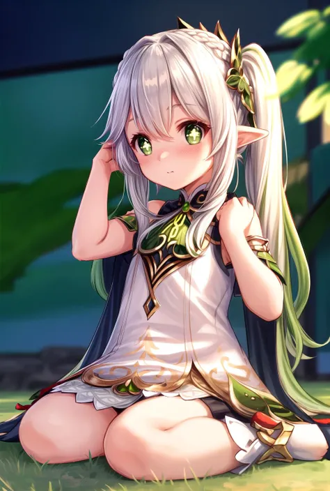 solo, 1girl, masterpiece, HD, 4K, best quality, beautiful front view, beautiful lights and shadows from bottom, <lora:more_details:0.6>, realistic filmed photo, photography, particle, cute, healthy, dress, depth of field, nahida \(genshin impact\), <lora:Nahida3:0.8>, (plump thighs:0.8), little girl, full body, nahida_genshin, cross-shaped pupils, default_dress, green cape, looking ahead, white hair, red face, embarrassed, twintails, long-hair, (wariza), (hand on hair:1.2), sitting,