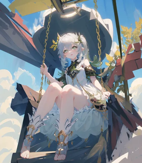 masterpiece, best quality, 1girl, solo, nahida_genshin, (cross-shaped pupils:1.2), default_dress, (swing:1.2), sitting, from below <lora:Nahida3:1>