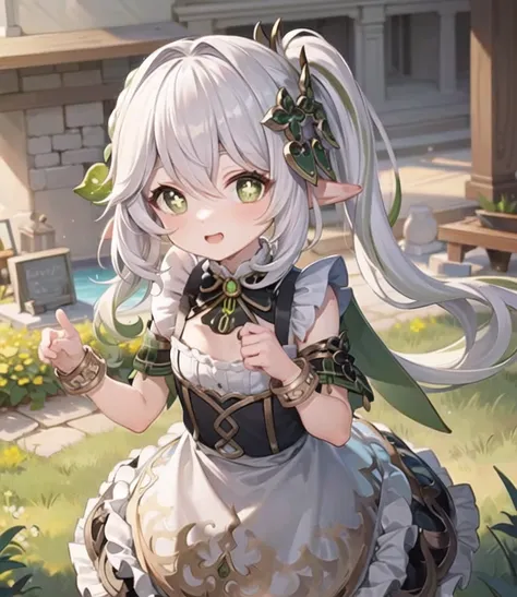 masterpiece, best quality, 1girl, solo, nahida_genshin, cross-shaped pupils, maid outfit, green cape, standing <lora:Nahida3:1>