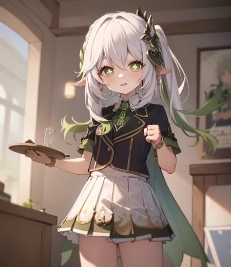 masterpiece, best quality, 1girl, solo, nahida_genshin, cross-shaped pupils, school uniform, green tie, blazer, pleated skirt, green cape, standing <lora:Nahida3:1>