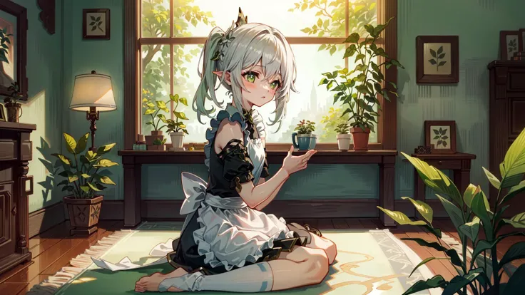 masterpiece, best quality, nahida \(genshin impact\), 1girl, in a room full of plant, sunlight, indoors, wariza, maid, enmaided,