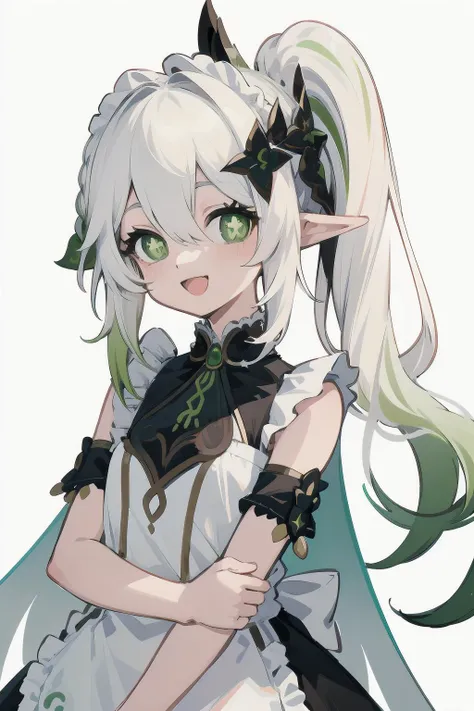 (finely best quality illustration:1.2), (kawaii girl:1.0), (1girl, solo:1.0), (long hair, white hair, (ponytail:0.8)), ((nahida_genshin:0.6), cross-shaped pupils, green cape), (maid, black clothes, bare shoulders, bare arms), (upper body:1.1), (:D:1.2), <lora:Nahida:1>